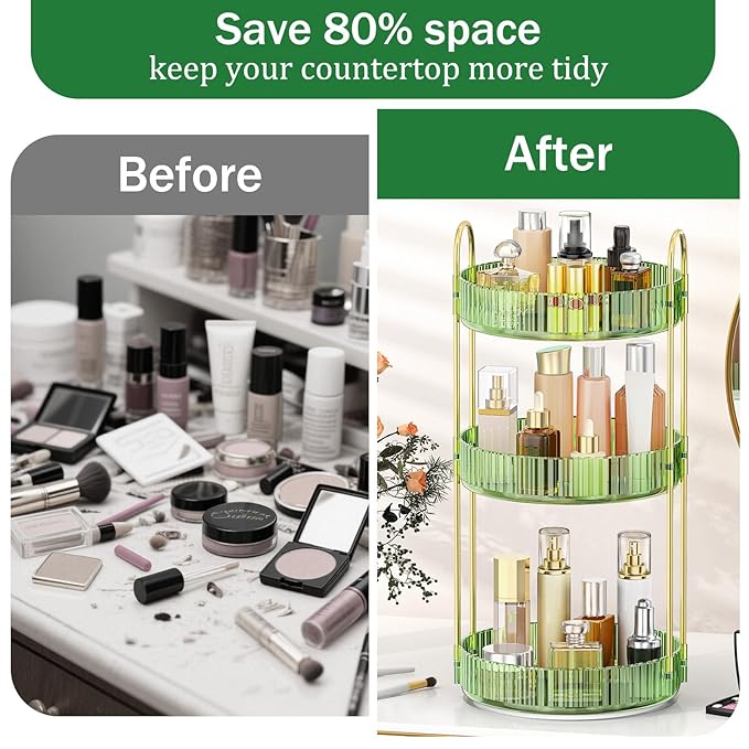 MOKANI 360 Rotating Makeup Organizer for Vanity, 3 Tier Adjustable Perfume Organizer for Dresser, Multi-Function Spinning Cos