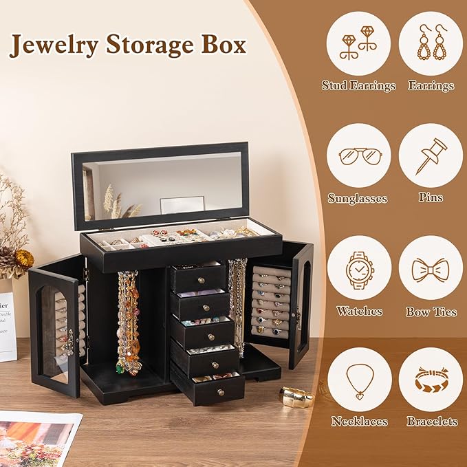 Miratino Jewelry Box for Women Girls, Wooden Jewelry Organizer Box with Mirror, 5 Layer Jewelry Storage Case Display for Neck