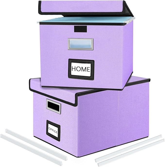 Decorative File Organizer Storage Boxes with Lid, Huolewa Linen Hanging Filing & Storage Box with Plastic Slide for Office/De