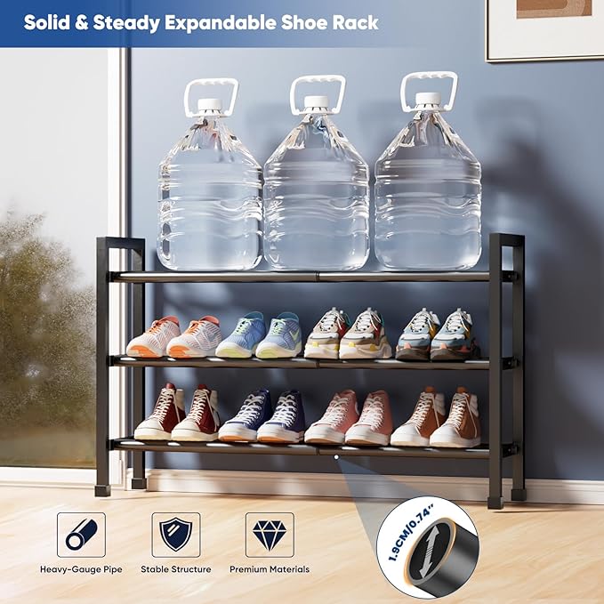 Abiglifty 3-Tier Expandable Shoe Rack,17"-33" Adjustable Shoe Rack for Closet,Metal Shoes Shelves for Front Door Entrance, Ga