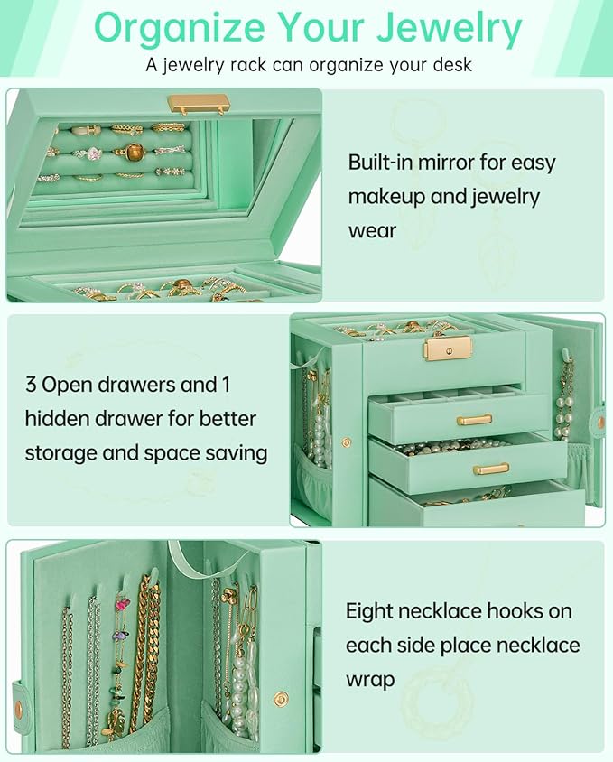 AKOZLIN 4-Tier Jewelry Box Leather Jewelry Storage Organizer with 3 Drawers Lockable for Women Girls Ring Necklace Earring Br