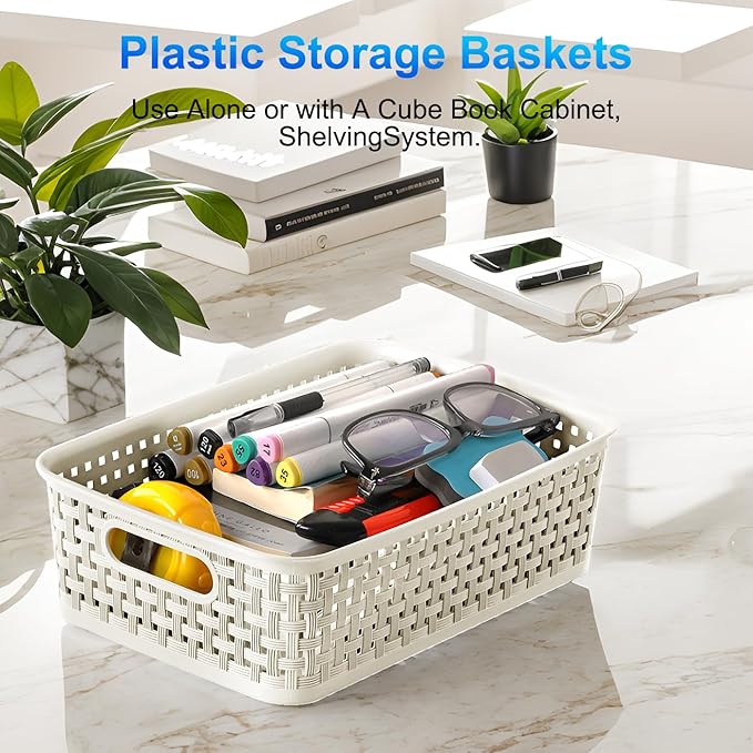 FUCDTEFC White Plastic Basket, 8 Pack Home Organization and Storage Baskets with Handles, Space Saving Woven Organizer Bins P