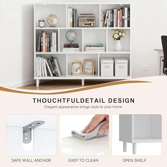 10 Cube Storage Organizer |Wide Bookshelf|3 Shelf Bookcase |Library Bookcase -Cubic Storage Cabinet（Storing Books,Toys & More