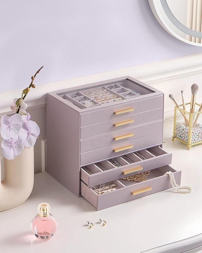 Lolalet Jewelry Box Organizer, 6-Layer Jewelry Organizers and Storage Case with Glass Lid, Ring Earring Bracelet Necklace Hol