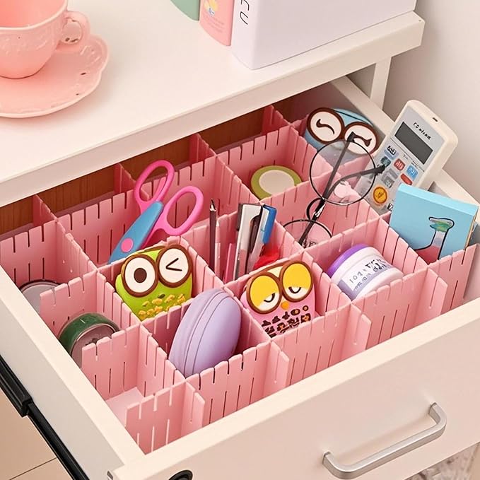 ZOENHOU 60 PCS DIY Drawer Divider Organizers, Pink Grid Drawer Dividers, Adjustable Premium Plastic Organizers for Makeup Dra
