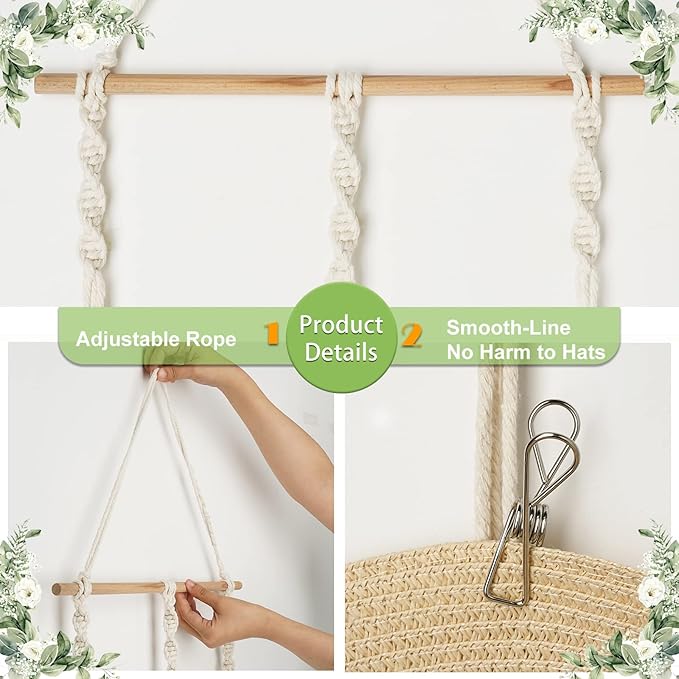 Macrame Hat Hangers for Wall Wide Brimmed Hat Holder Storage 10 Clips Hat Rack Organizer for Wall Display Boho Decor for Fedo