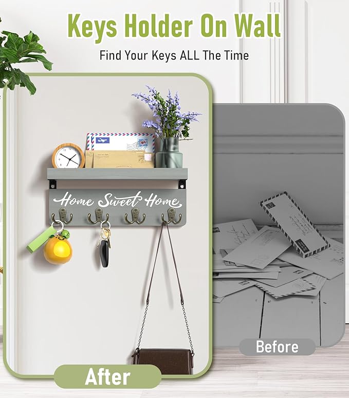 buways Key Holder Wall Mount with 4 Double Hooks-Solid Wood Wall-Mounted Organizer for Keys&Mail Rustic Key Rack Hanger Holde