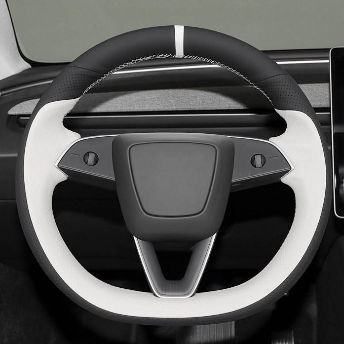 MEWANT DIY Stitching Real Leather Steering Wheel Cover Wrap for Tesla Model 3 Highland 2023-2025/Model Y 2025 Highland for Tesla Model 3/Model Y Accessories(3D Style)