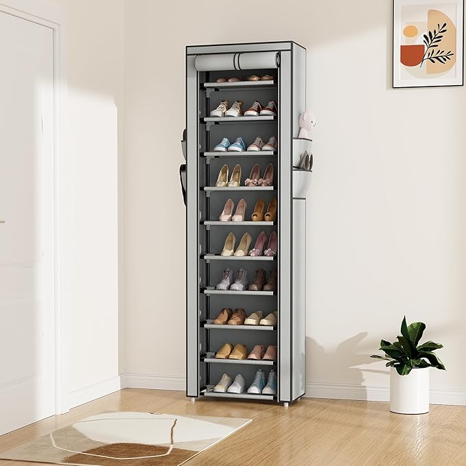 ROJASOP Shoe Rack with Covers 10 Tier Large Shoe Organizer Tall Shoe Closet Storage for 20-22 Pairs Shoe and Boot, Free Stand