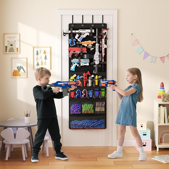 Over the Door Organizer for Toy Guns, Toys Storage Door Hanger with Pockets and Slots for Kids Foam Blasters, Darts, Goggles,
