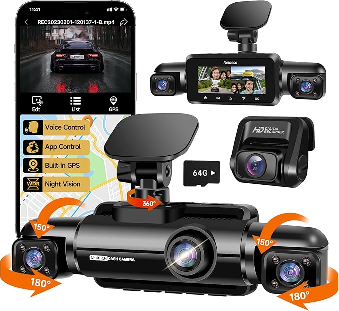 360° Dash Cam Front and Rear Inside, 4 Channel FHD 4 * 1080P, Wi-Fi GPS Voice Control Car Camera, Front 2K+1080P*2 Dash Camer
