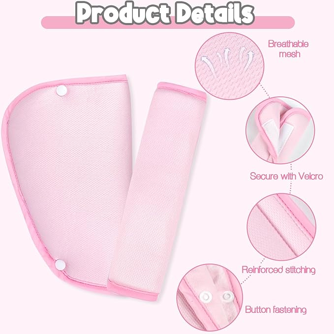 Kids Seat Belt Cover Pads, Universal Seat Belt Adjuster for Kids, HNHUAMING Kid's Shoulder & Belly Protective Padding for Travel, Soft Breathable Car Seat Straps Pads for Children, Pink