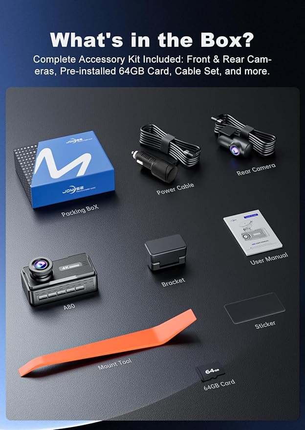 JOMISE 4K+4K Dash Cam Front and Rear, 20 Mbps+ Ethernet Transfer & Stable WiFi 6, Touch Screen Dash Camera for Cars with GPS,
