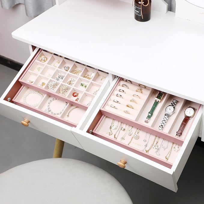 LANDICI Stackable Jewelry Organizer Trays 4 Set,PU Leather Jewelry Organizer Drawer,Jewelry Storage Display Tray for Earring 