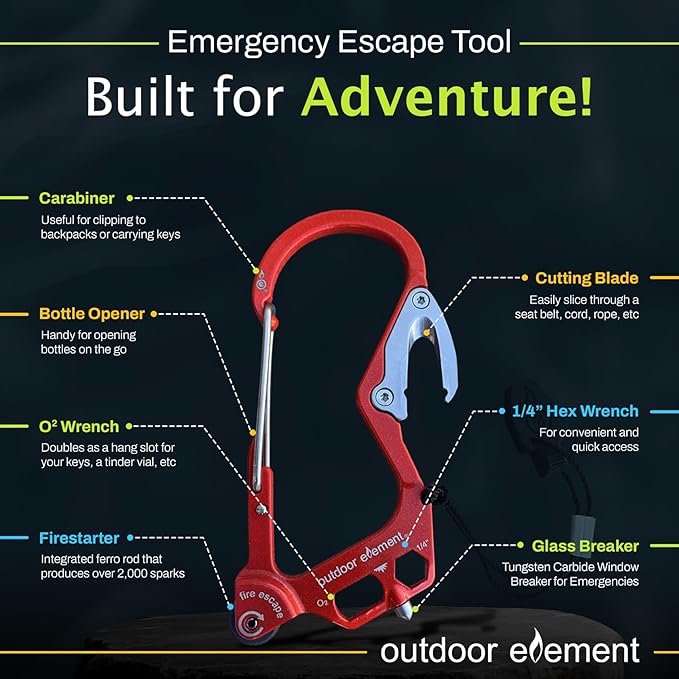 OUTDOOR ELEMENT Fire Escape, Emergency Escape Tool, Seatbelt Cutter, Window Breaker, Multi Tool, Fire Starter, Carabiner, and