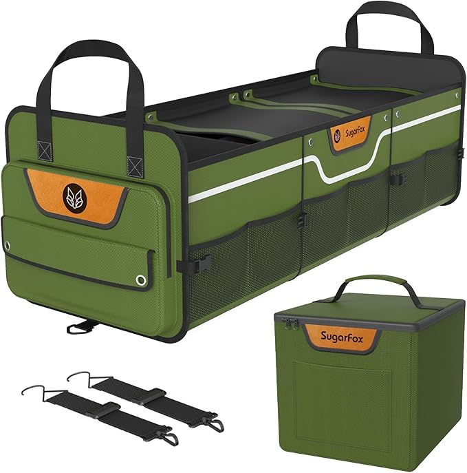 Car Trunk Organizer for SUV, Heavy Duty Waterproof Trunk Organizer, Foldable Collapsible Car Organizer with Cooler, Multi-Comp