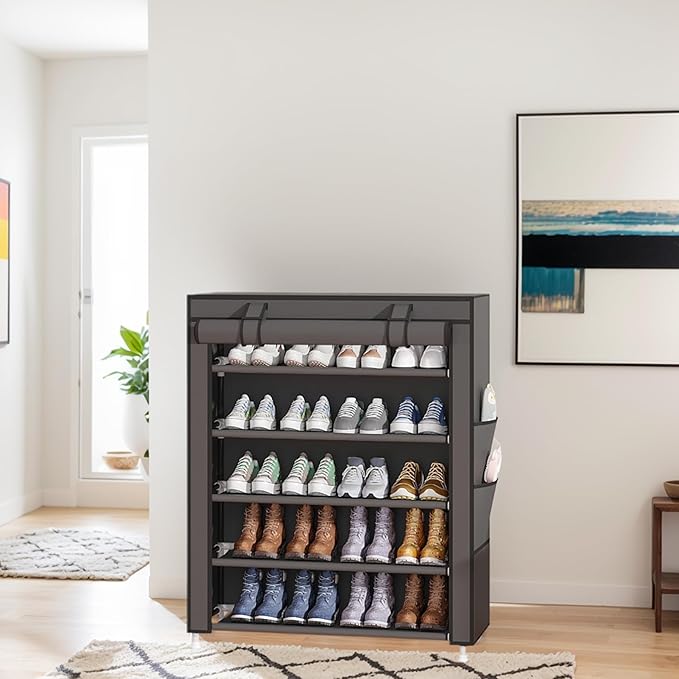 Laiensia 5-Tier Vertical Shoe Rack Organizer, Space Saving Shoe Storage Organizer, Non-Woven Cover Shoe Shelf Holds 20-25 Pai
