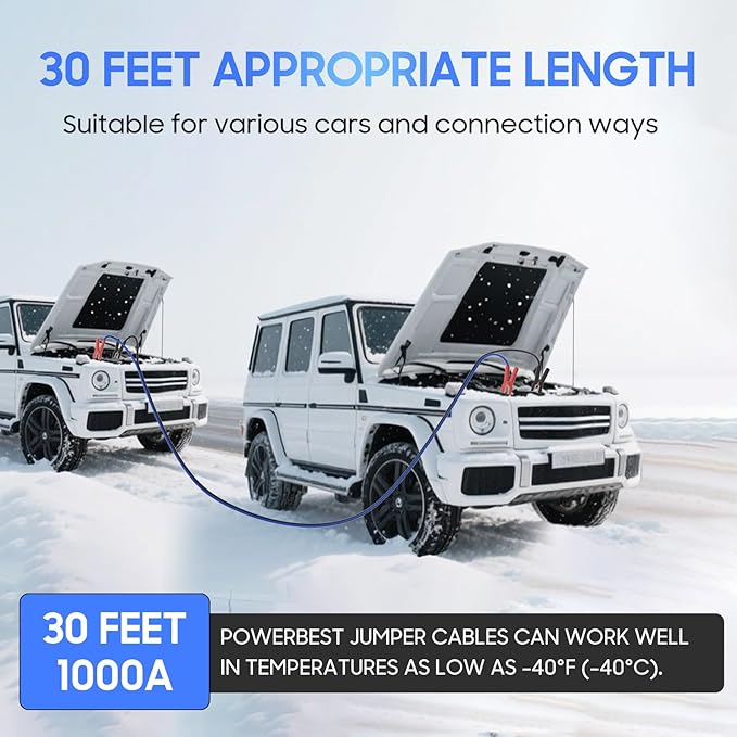 Heavy Duty Jumper Cables, 0 Gauge 30 Feet 1000Amp Automotive Booster Cables for 12V & 24V Cars, SUVs and Trucks, Jumper Cables Kit with Carry Bag (0AWG x 30Ft)