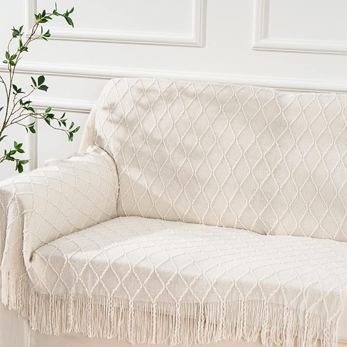 BATTILO HOME Cream Throw Blanket for Couch, Boho Bedroom Decor Throws, Decorative White Throw for Sofa Living Room, 50"x60"