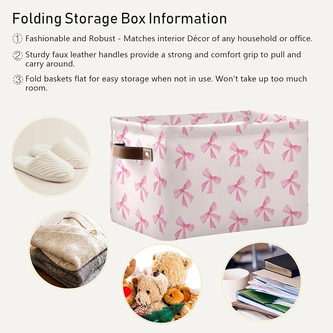 xigua Bow Storage Basket Collapsible Toy Storage Bins Waterproof Canvas Storage Basket with Leather Handles for Home Closets 