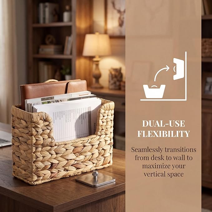Handwoven Water Hyacinth Wall Basket Storage with Non-Trace Nails - Decorative Hanging Magazine File Holder & Mail Organizer 