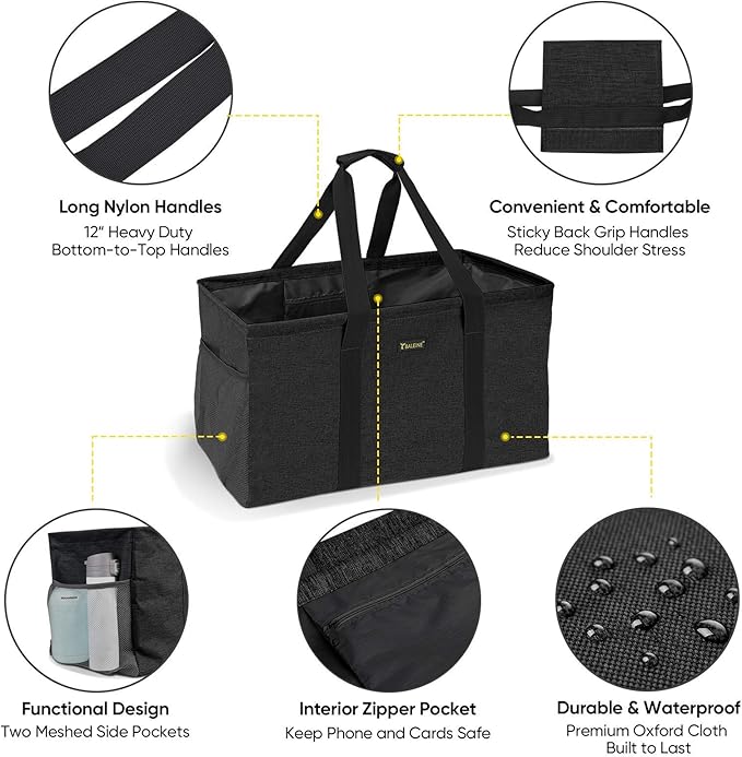 BALEINE Extra Large Utility Tote Bag with Reinforced Wire Frame, Reusable Grocery Bag for Shopping, Picnic (Black, 22''x12''x10'')