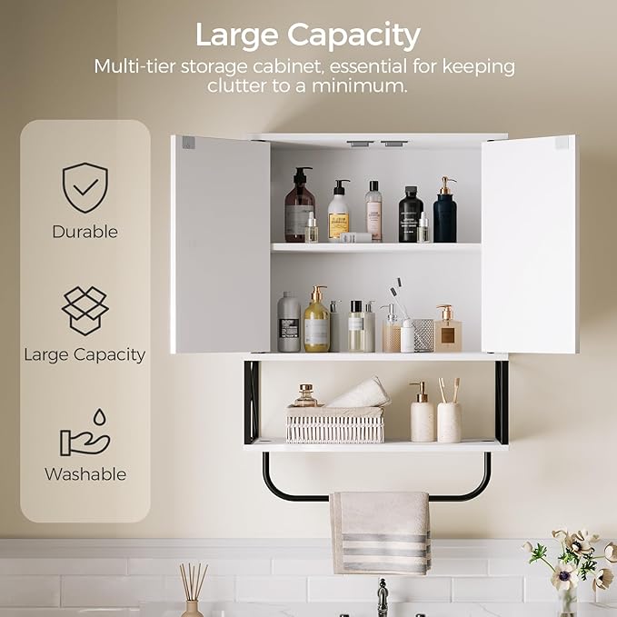 MAHANCRIS Bathroom Wall Cabinet with 2 Door and Adjustable Shelf, Farmhouse Medicine Cabinet with Towel Rack, 3-Tier Wall Mou