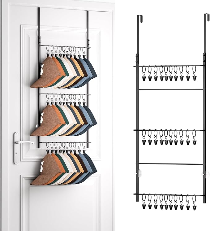 HapiRm Over Door Hat Rack - 3 Tier Wall Mounted Hat Organizer with 30 Movable Clips, Baseball Cap Organizer Storage Holds up 