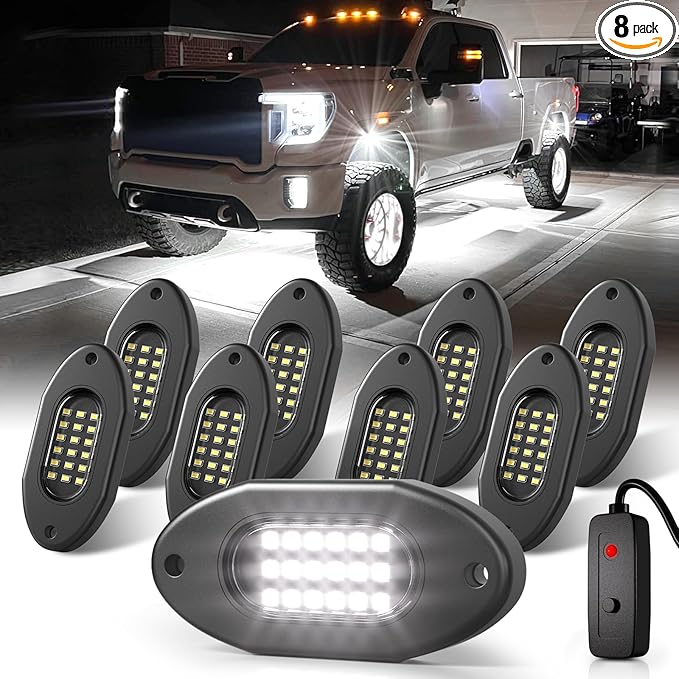 Honalia White LED Rock Lights Kits 8 Pods, 6000K Pure White Rock Lights with Switch