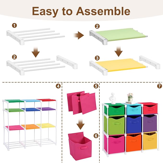 9 Cube Storage Organizer Shelf with Storage Bins and Label, 11 Inch Toy Cube Bins Clothes Closet Organizers Drawers Fabric Dr