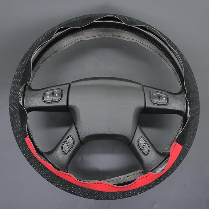 MEWANT Hand Stitched Steering Wheel Cover for Chevy Silverado 1500 2003-2006 Black Red Athsuede Steering Wheel Wrap