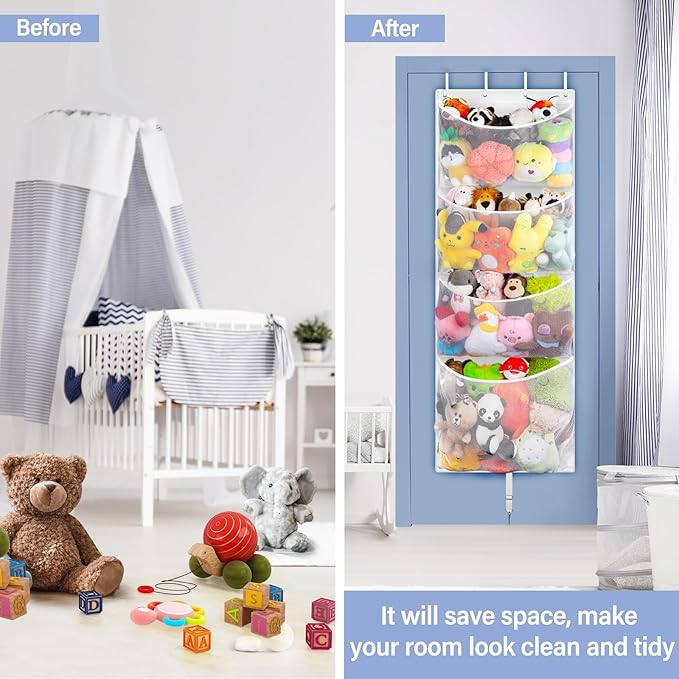 Woodoulogy Hanging Stuffed Animal Storage, Over Door Large Plush Toy Organizer with Metal Hook, Baby Accessory Holder Idea fo