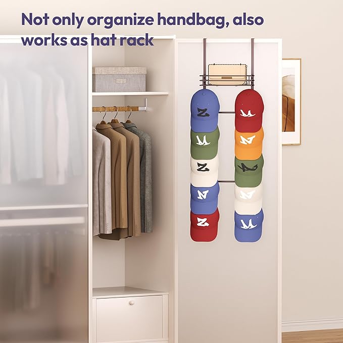 SWTYMIKI Over The Door Purse Organizer - Wall Mounted Handbag Organizer with 10 Hooks and Metal Basket, Hanging Purse Storage
