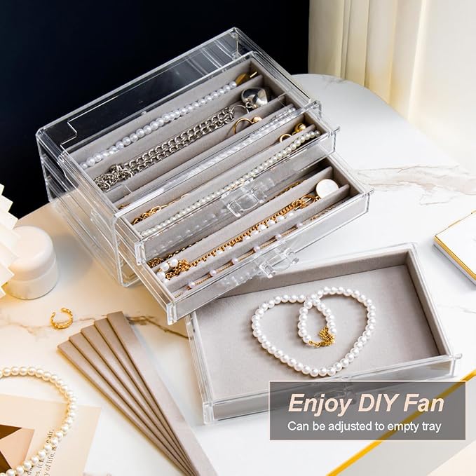 YUFONG Necklace Holder Organizer, Dustproof Necklace Box Velvet Necklace Organizer Box with Lid Clear Acrylic Dustproof Stack