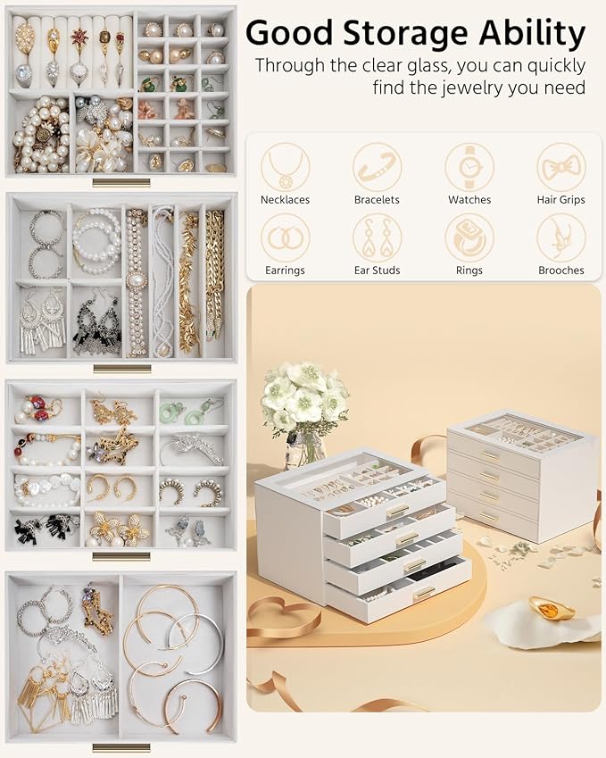 AKOZLIN Jewelry Box with Clear Lid Functional Leather Jewelry Storage Organizer Case 4 Drawers for Women Girls Necklace Ring 