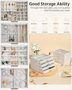 AKOZLIN Jewelry Box with Clear Lid Functional Leather Jewelry Storage Organizer Case 4 Drawers for Women Girls Necklace Ring 
