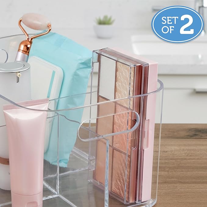 STORi Bliss 5-Compartment Plastic Cosmetics Storage Organizer, Set of 2 | Clear | Rectangular Divided Makeup Bin & Vanity Cad