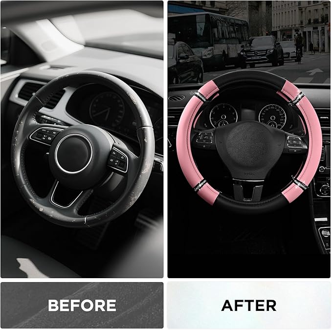Road Comfort Leather Steering Wheel Cover – Premium Anti-Slip Car Steering Wheel Grip Cover – Universal Fit for 14.5”–15.5” C