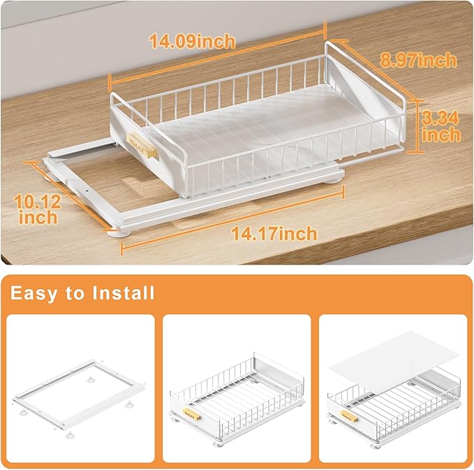Under Sink Organizer, Single Tier Metal Pull Out Sliding Drawer Shelf for Kitchen Bathroom Cabinet Storage, Sturdy Rack – Whi