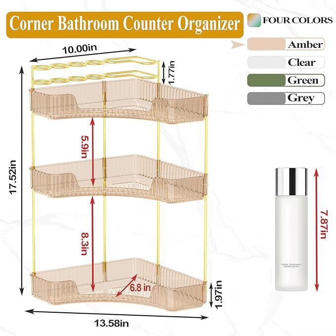 SUNZOS Corner Bathroom Counter Organizer, 3-Tier Countertop Perfume Tray Organizer with Makeup Brush Holder, Vanity Makeup Co