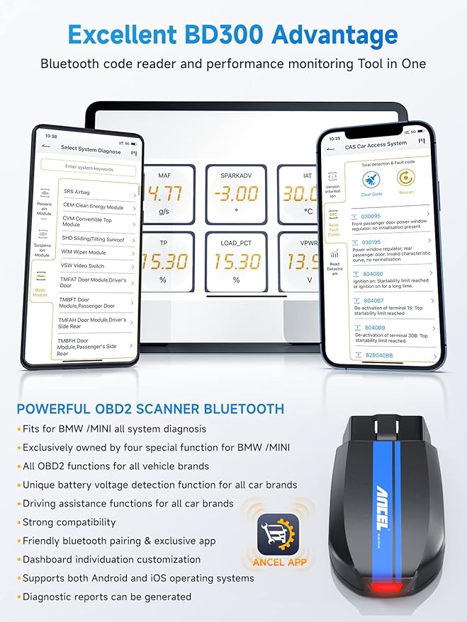 ANCEL BD300 BMW Bluetooth OBD2 Scanner, Full System Code Reader and Diagnostic Tool for BMW with Battery Registration Service