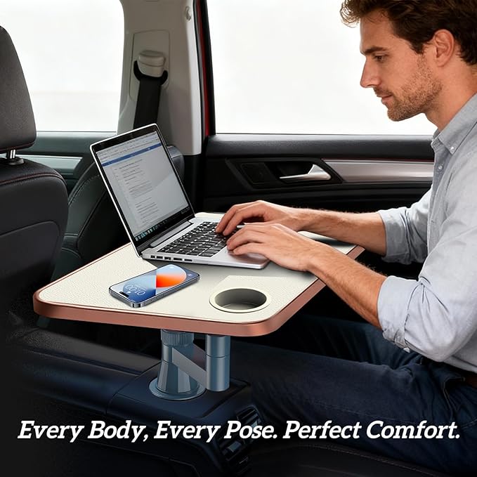 Car Tray& Car Desk for Laptop,Dual 360° Rotating,Anti Slip Leather Surface,Steering Wheel Tray,Car Accessories- Compatible with Tesila Model Y/3/S, Forrd F150/Explorer/Maverick/Most Vehicles (White)