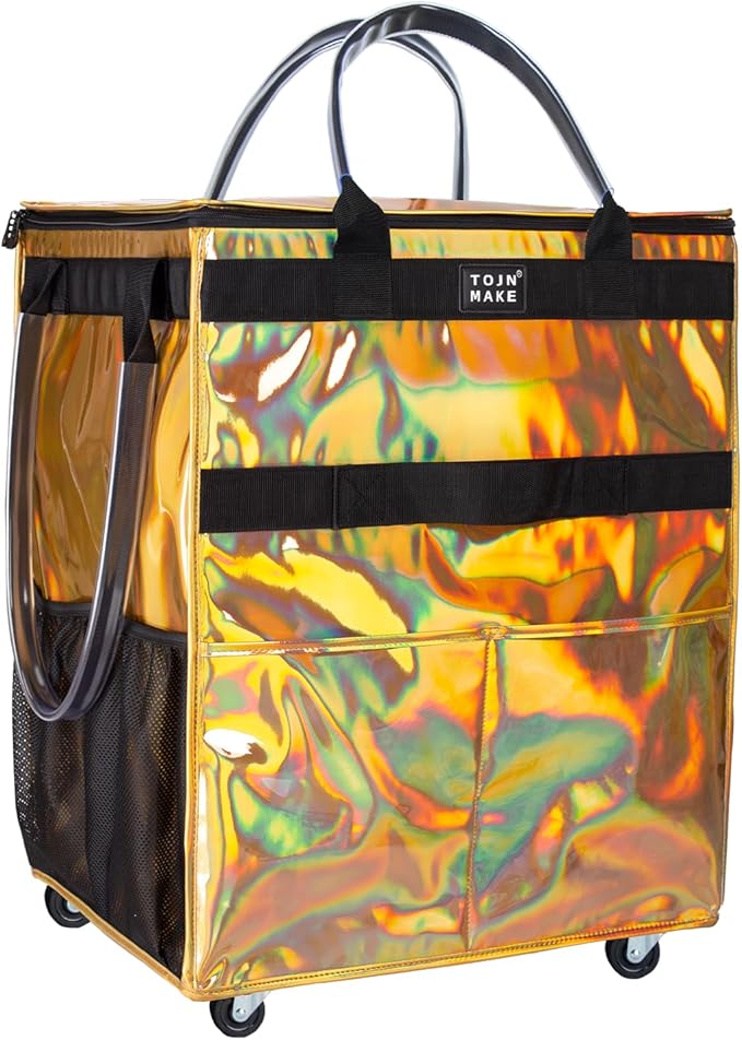 Reusable Grocery Bag with Wheels (Large, Glitter Gold), Rolling Shopping Bag with 8 Pockets and Zipper Cover Foldable Rolling Tote for Women, Travel, Garden, Carries Up to 76LBS