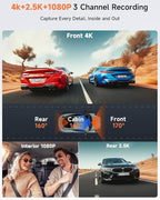 4K 3 Channel Dash Cam Front and Rear,4K+2.5K+1080P Dash Camera for Cars Inside,3.2" Screen Dash Camera for Cars, WiFi APP Con