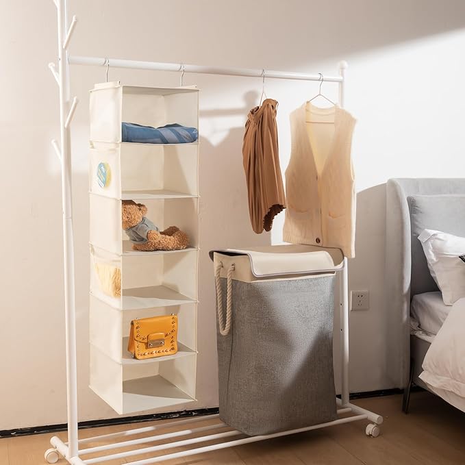 BrilliantJo 6 Shelves Hanging Closet Organizer, 2 Pack Hanging Storage with 4 Side Pockets for Clothes Shoes, 43.5"x12"x12"(B
