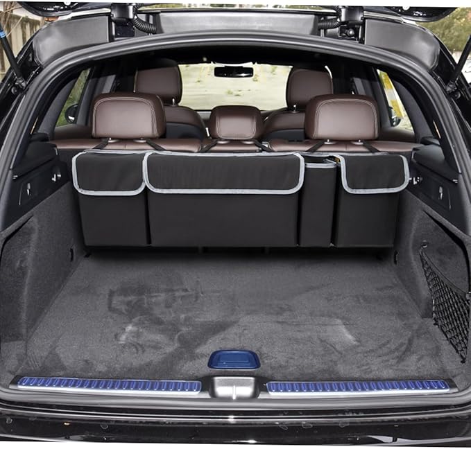 Car Trunk Organizer with Lid, Backseat Hanging Storage Bag with 4 Pockets & 3 Adjustable Straps, Waterproof PVC
