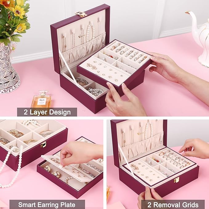 Voova Jewelry Box Organizer for Women Girls, 2 Layer Large Men Jewelry Storage Case, PU Leather Display Jewellery Holder with