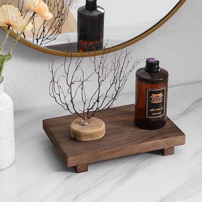 zoocatia Small Wood Tray Pedestal Stand Farmhouse Bathroom Decor Decorative Wooden Riser Kitchen Soap Dish Holder for Vanity,