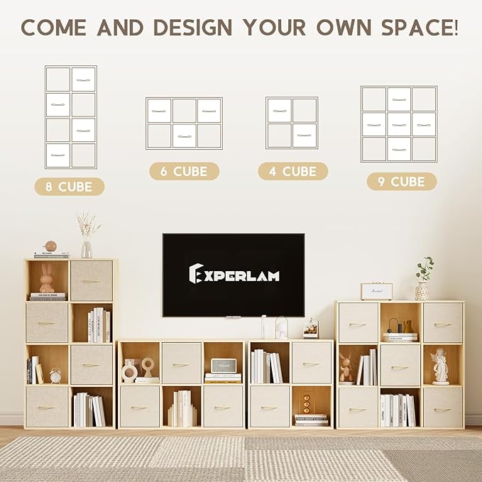 EXPERLAM 4 Cube Storage Organizer - Solid Wood Bookshelf with 2 Storage Bins, Cube Shelf with 2 Removable Back Panels, Vertic