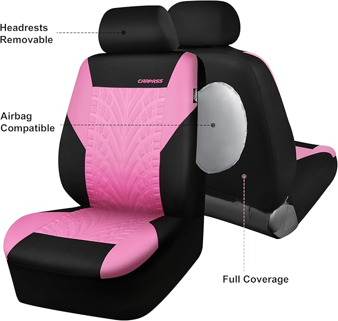 CAR PASS Car Seat Covers Two Front Only for Car, 3D Tyre Print Automotive Interior Covers, Airbag Compatible, Quick Setup Uni